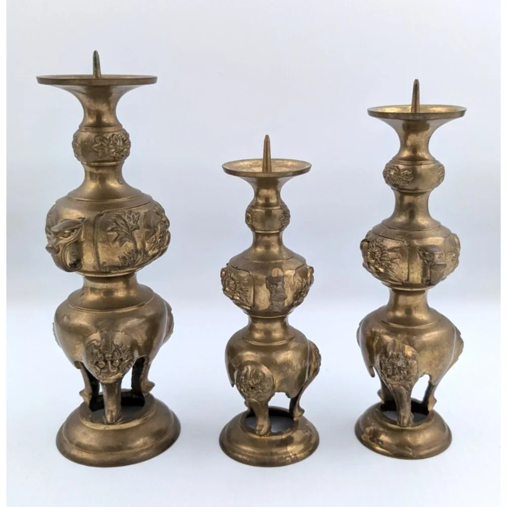Ornate Oriental Brass Candle Holders Set of 3 - Flowers Birds Fu Dogs